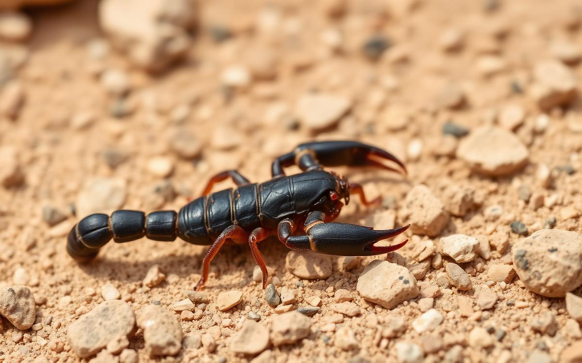 Macro photograph of a dark, thick-tailed scorpion with raised stinger