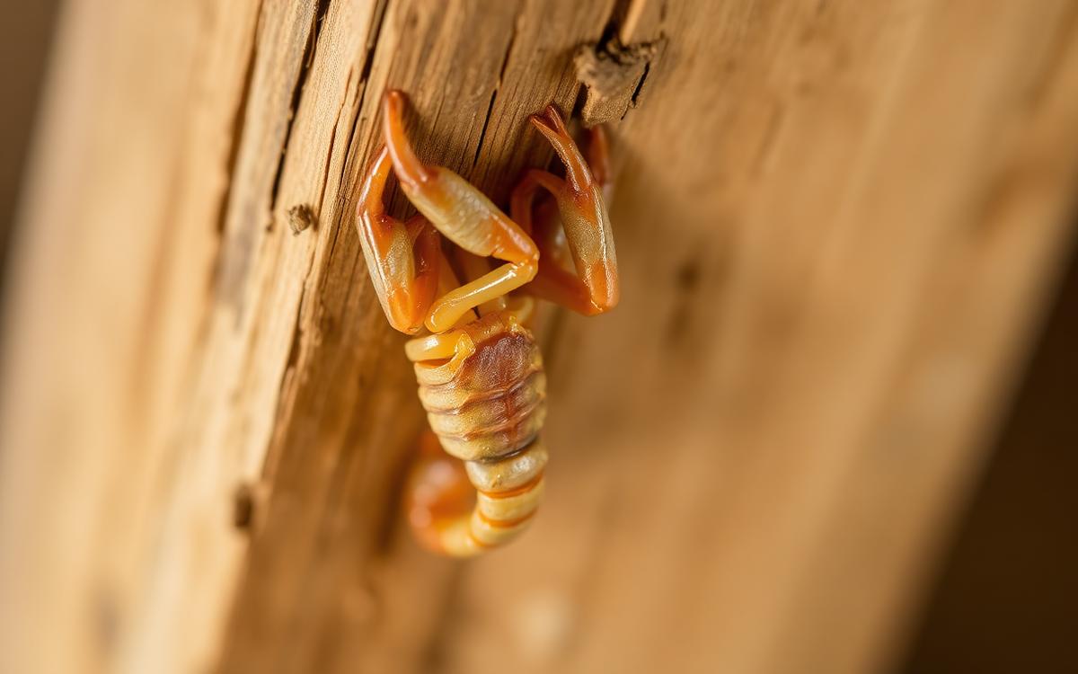 Close-up photograph of a pale, slender scorpion on rock