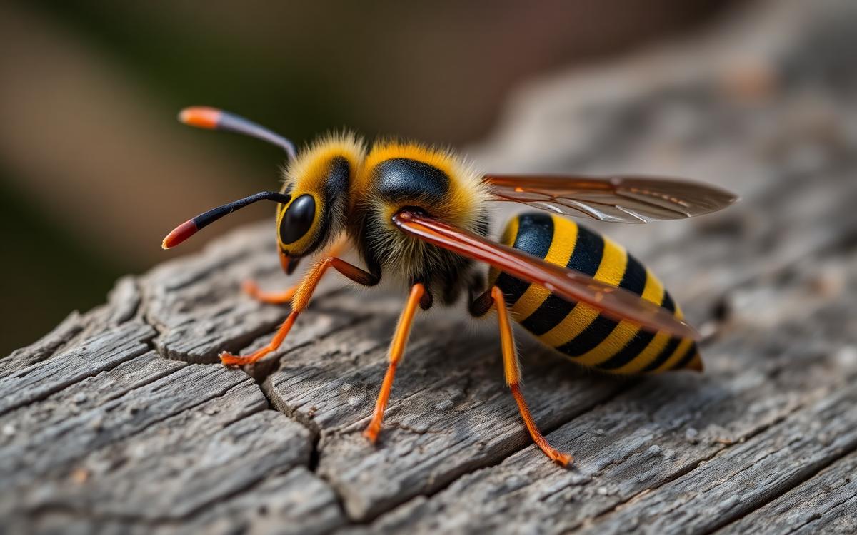 Macro photograph of a large hornet with yellow and black striped abdomen on wood