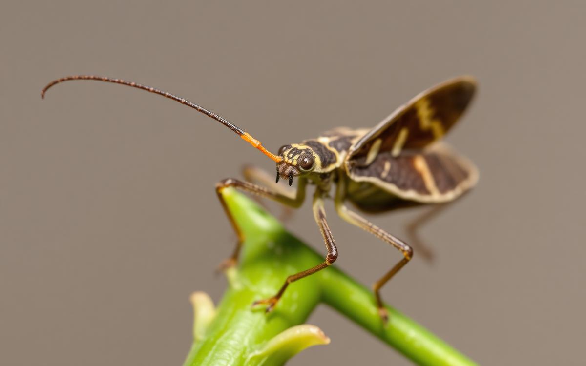 Macro photograph of a dark elongated true bug with a piercing mouthpart