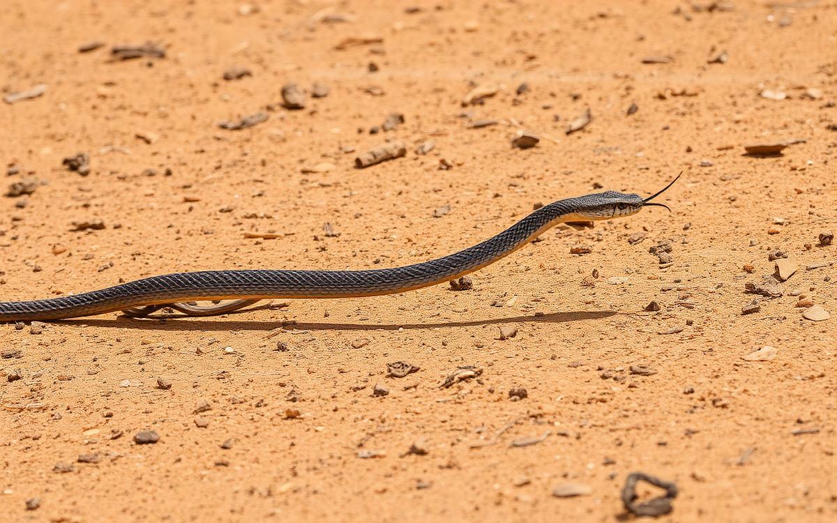 Photograph of a long, slender gray-brown snake stretched across dry ground