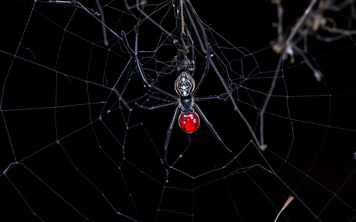 Close-up macro photograph of a black spider with a red hourglass marking on its abdomen