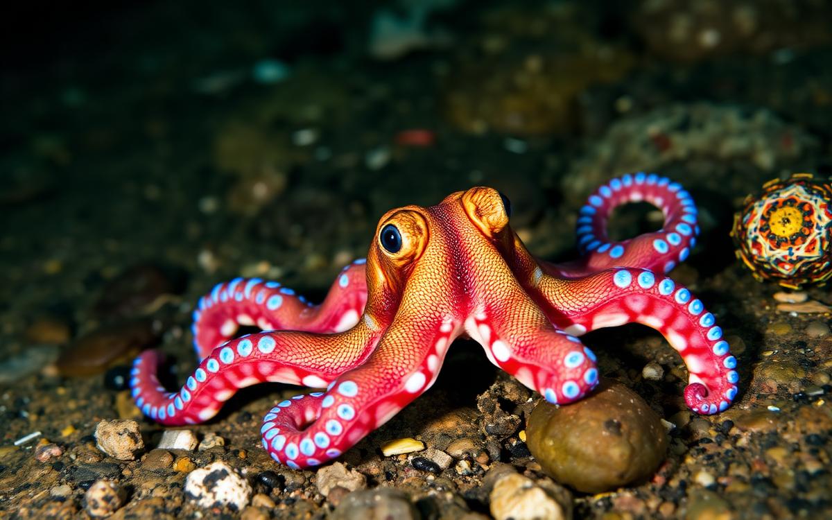 Small octopus with iridescent blue markings on tide pool rock