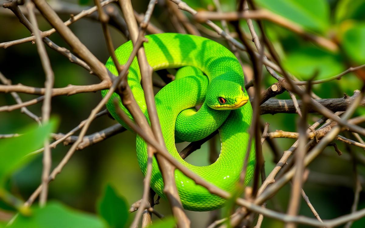 Slender green tree snake coiled among branches
