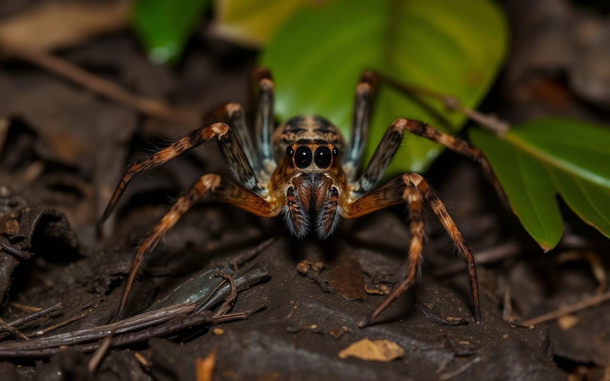 Large brown wandering spider in defensive posture on dark forest leaf litter