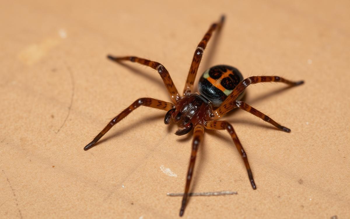 Macro photograph of a small brown spider resting on a pale surface