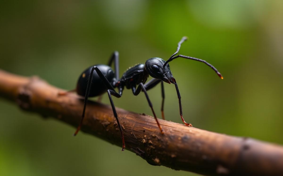 Close-up macro photograph of a black bullet ant, Paraponera clavata, on a branch
