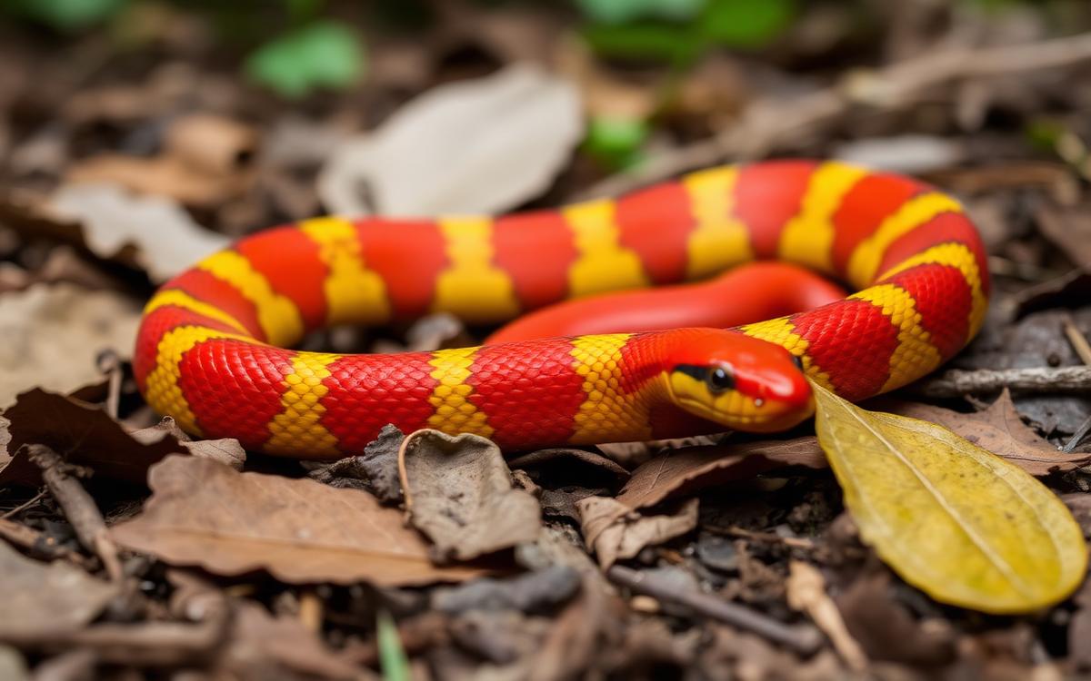 Photograph of a banded red, yellow, and black snake on leaf litter