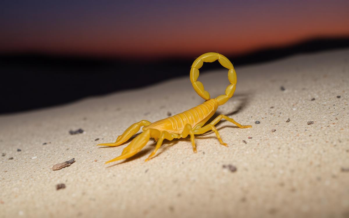 Yellow deathstalker scorpion with arched tail on desert sand at dusk