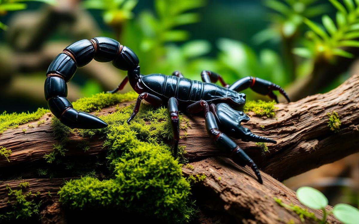 Photograph of a large, dark, glossy scorpion with prominent pincers