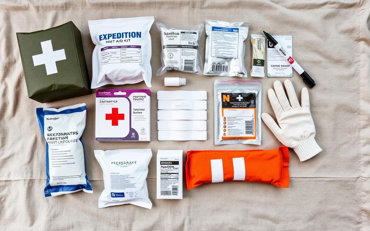 Open first-aid kit with bandages and emergency supplies
