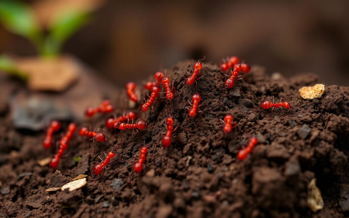 Macro photograph of small reddish-brown ants swarming on soil