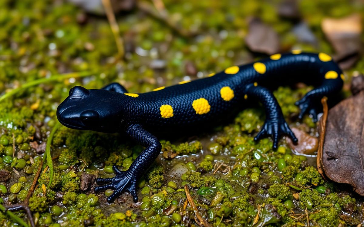 Black amphibian with bright yellow blotches on forest floor