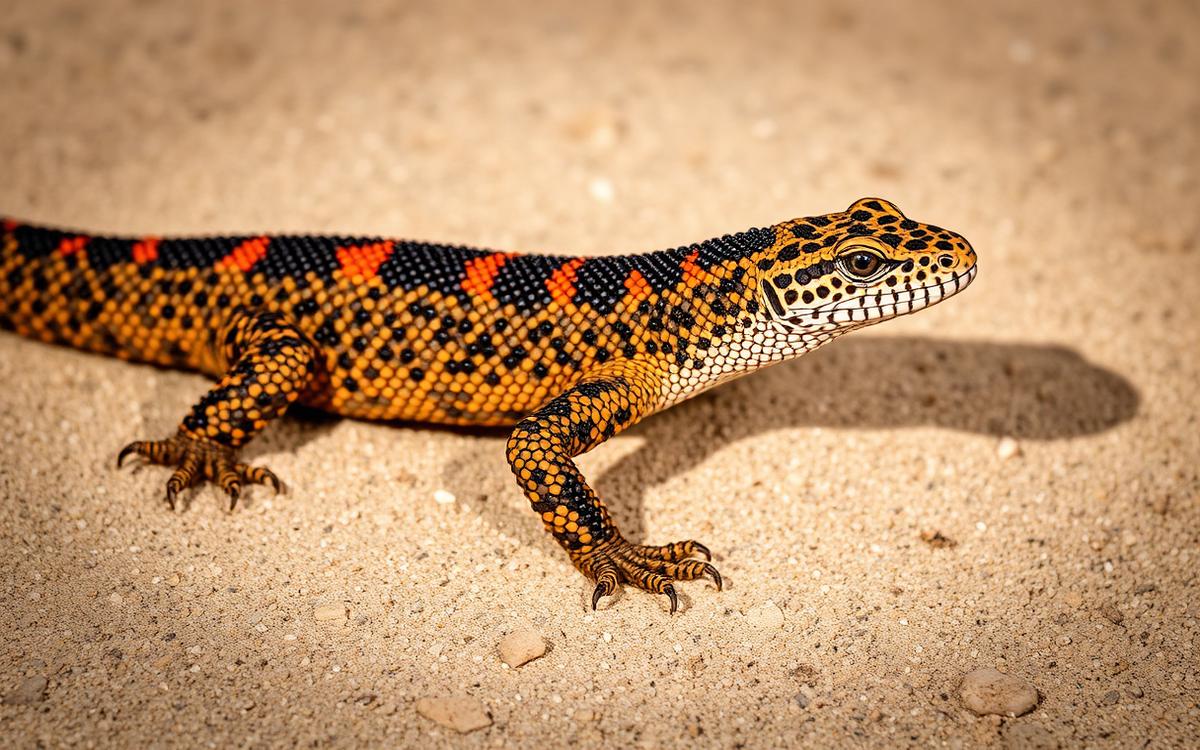Photograph of a thick, bead-scaled orange and black lizard on desert sand