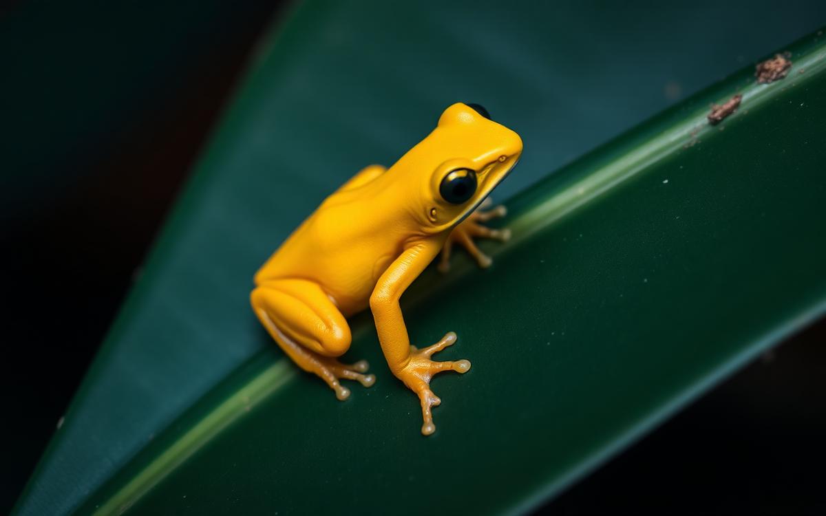 Small bright yellow poison frog sitting on a leaf