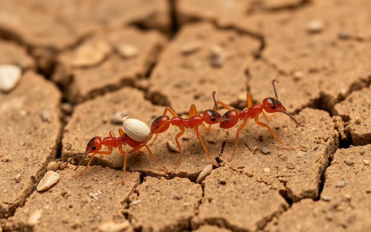 Macro photograph of a reddish-brown ant on sandy ground near a burrow entrance