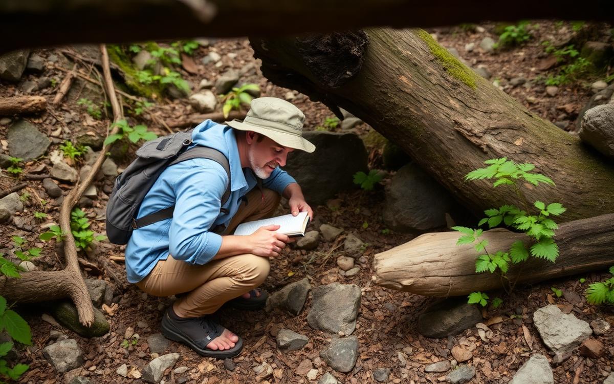 Person crouched near a rocky trail looking under a log