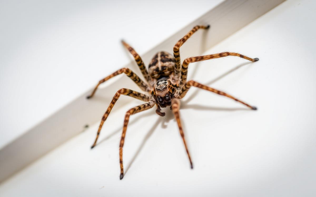 Macro photograph of a large, long-legged spider on a wall