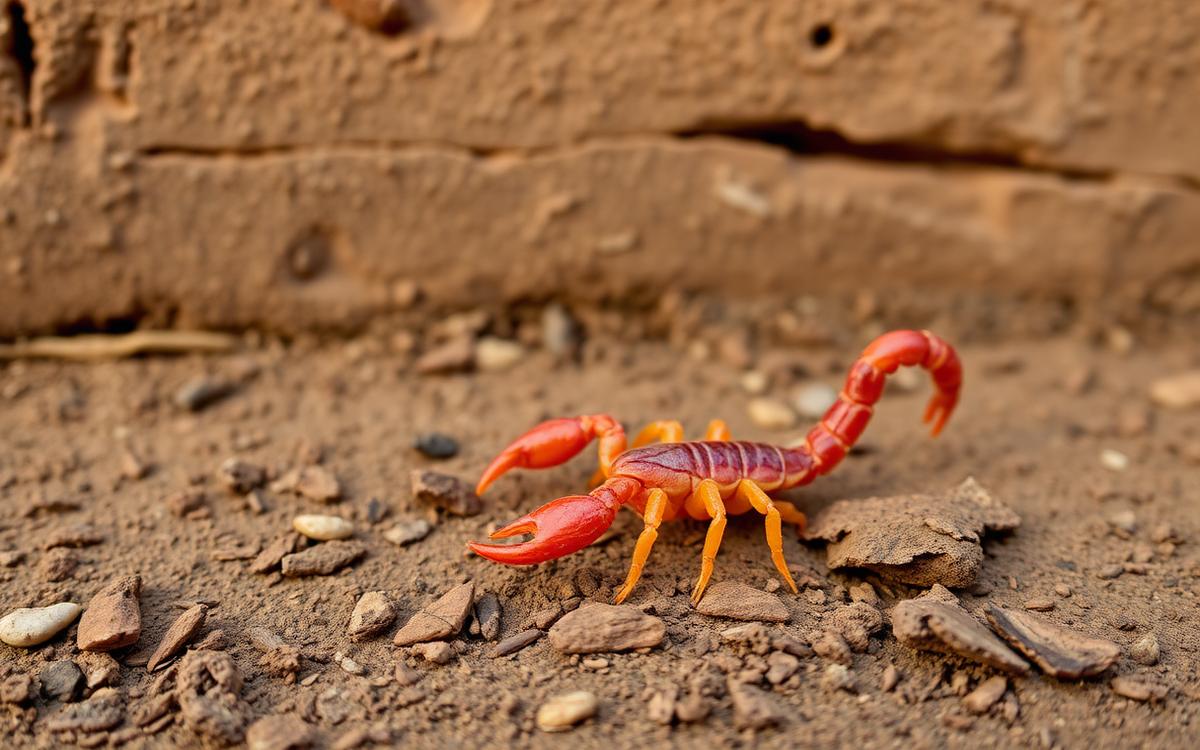 Photograph of a reddish-brown scorpion on soil