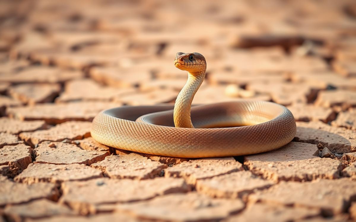 Olive-brown venomous snake coiled on cracked desert clay with head raised