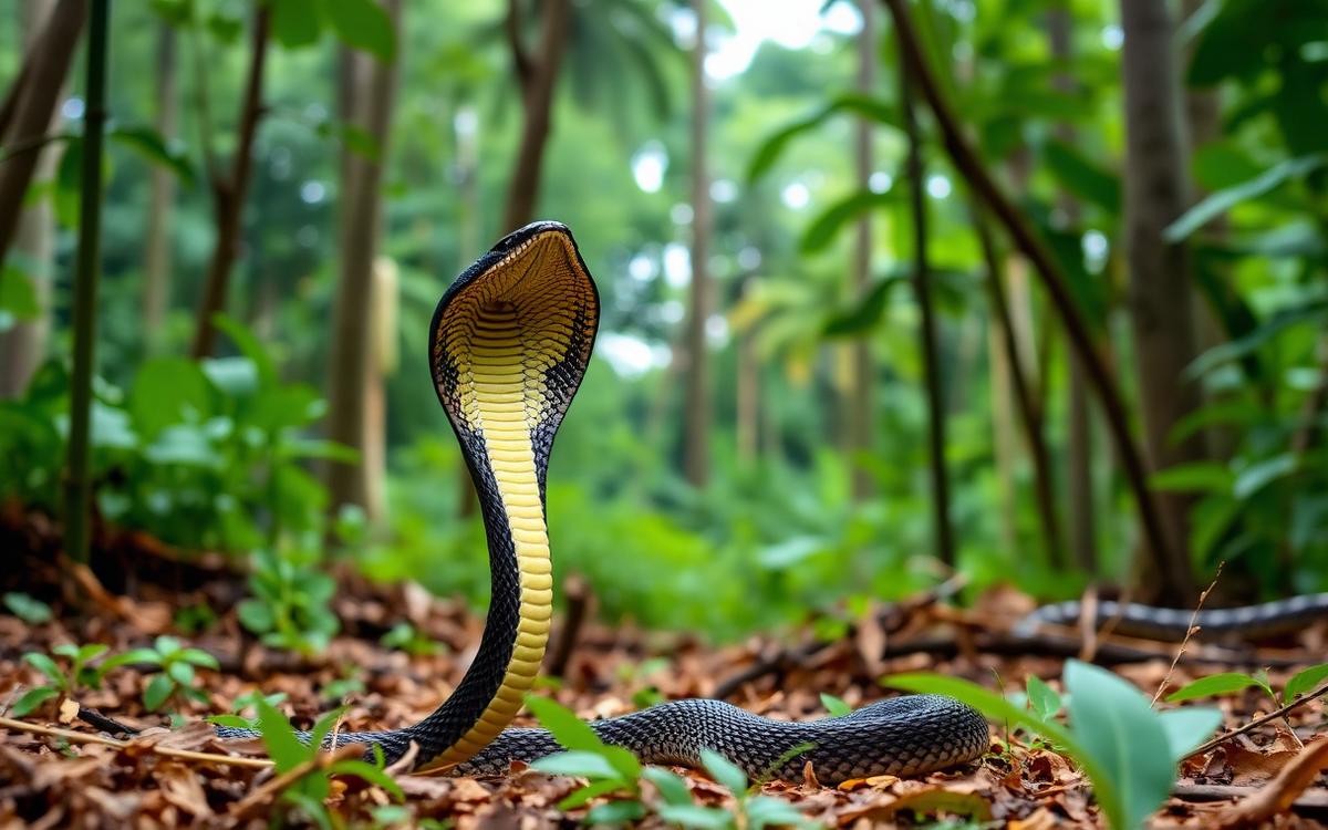 Close-up photograph of a coiled venomous snake with its hood partially raised