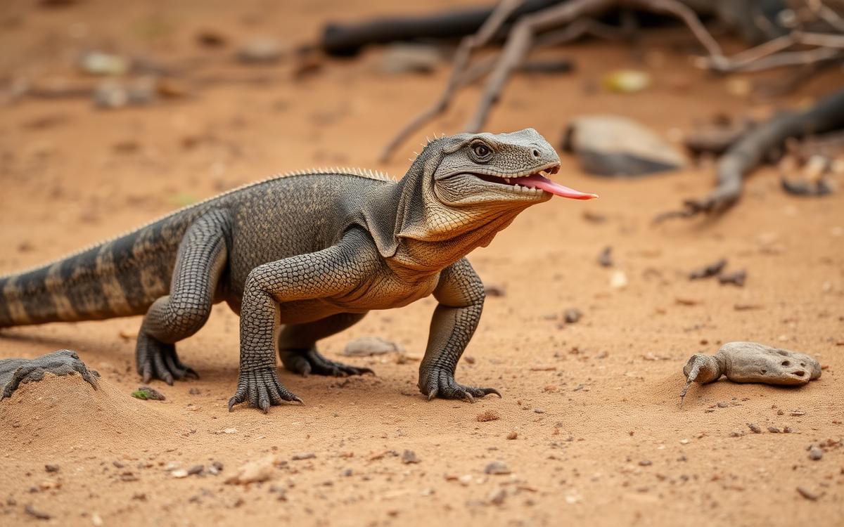 Photograph of a large gray-brown monitor lizard walking on sandy ground
