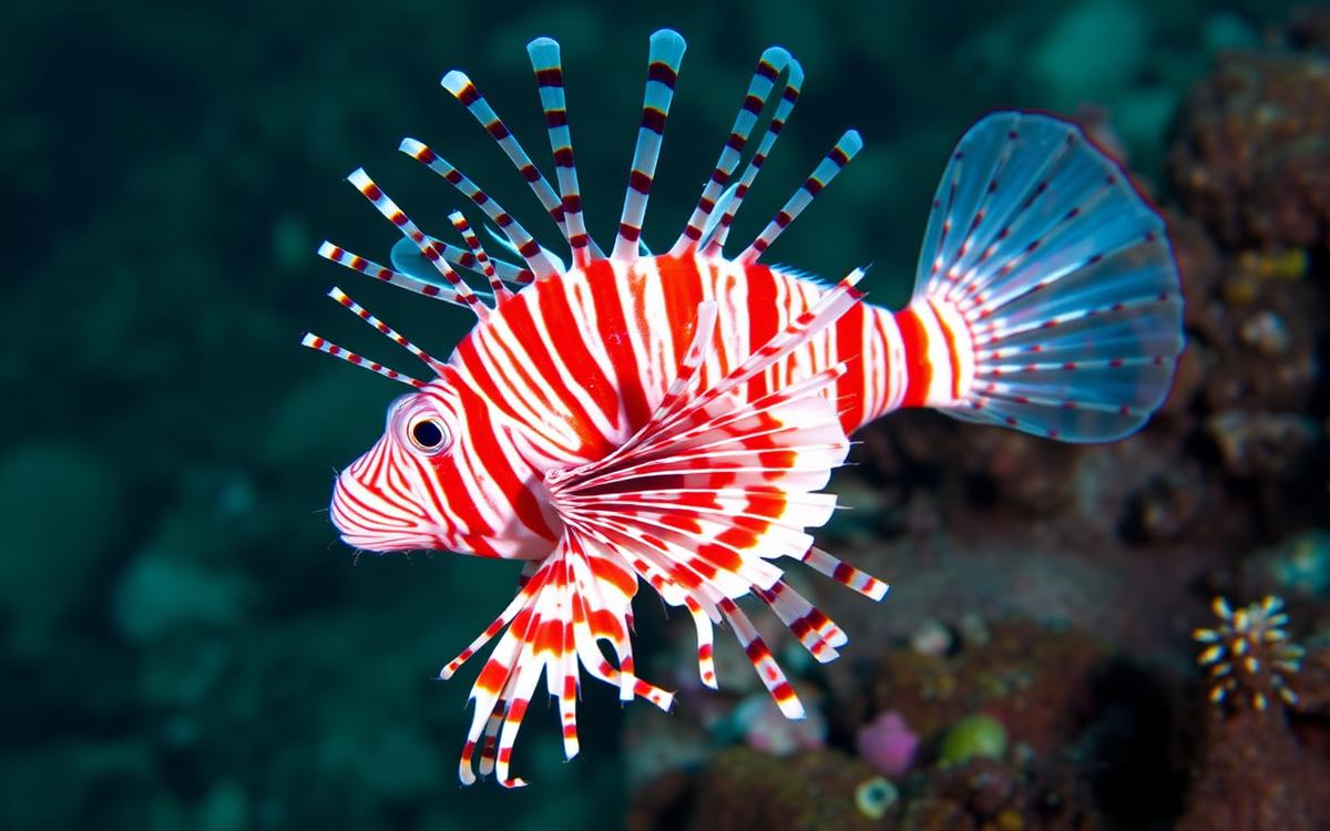 Striped, spiny reef fish with fan-like fins hovering near coral