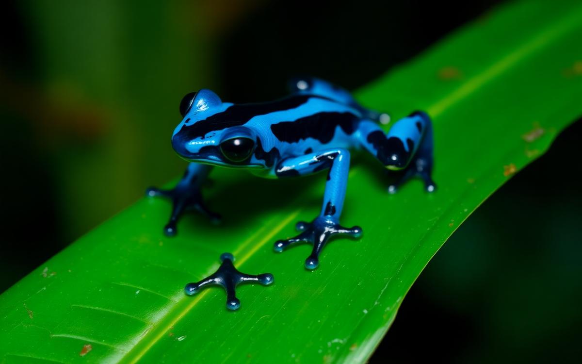 Blue and black poison dart frog on a wet rainforest leaf
