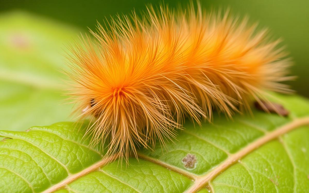 Macro photograph of a fuzzy caterpillar on a leaf