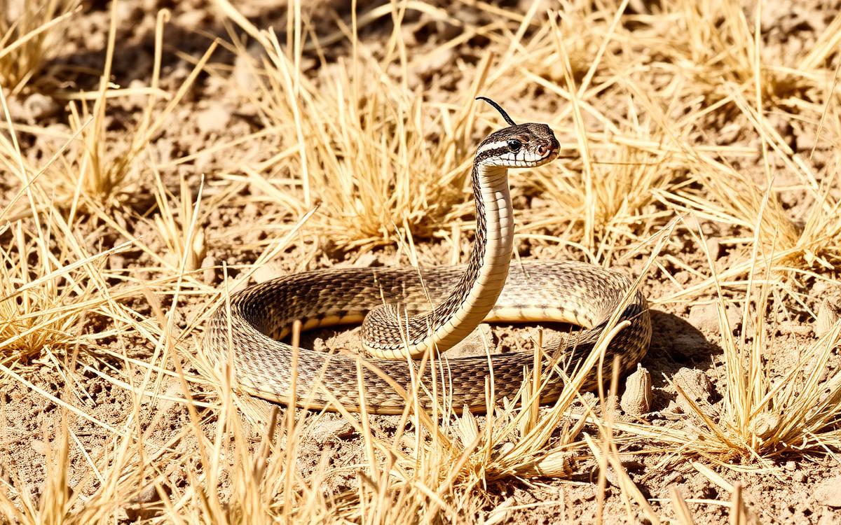 Coiled rattlesnake with raised rattle in dry grass