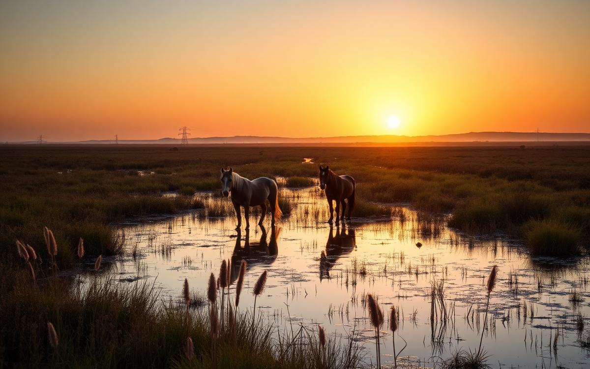 A restored natural wetland habitat teeming with wildlife