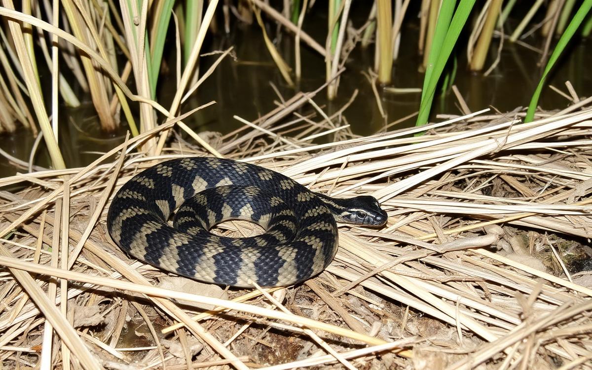 Photograph of a thick-bodied patterned viper snake coiled in dry grass