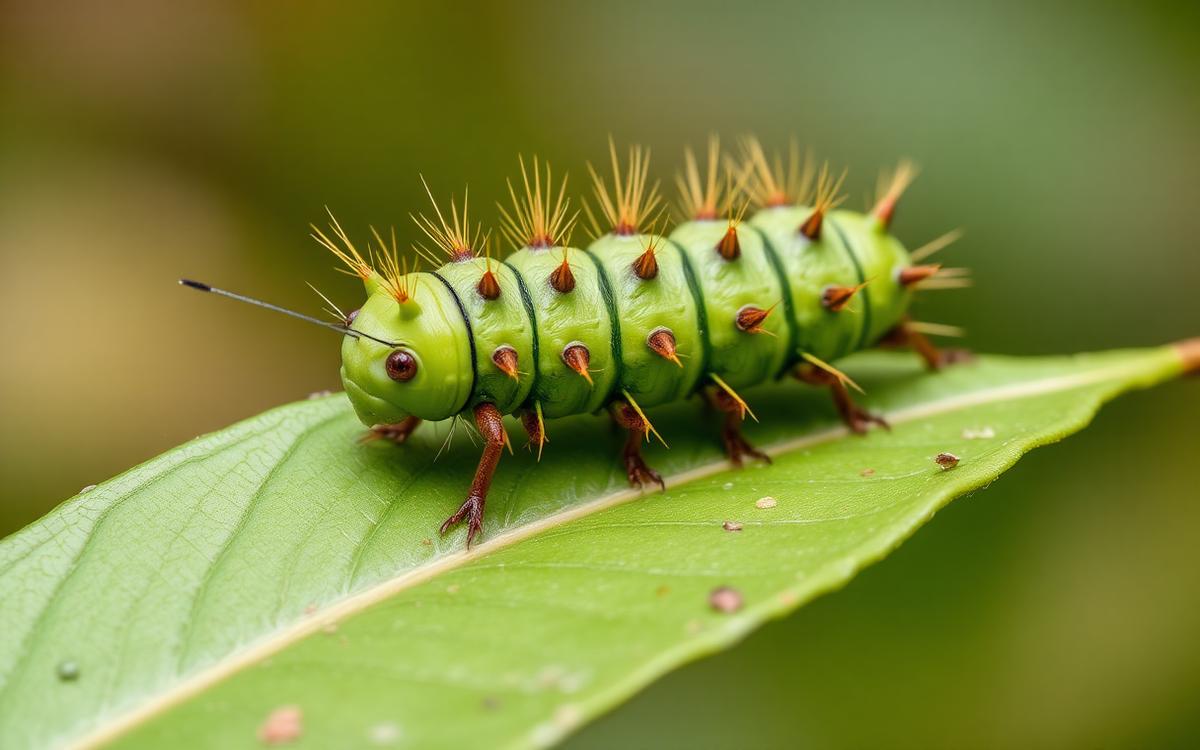 Macro photograph of a brightly patterned caterpillar on foliage