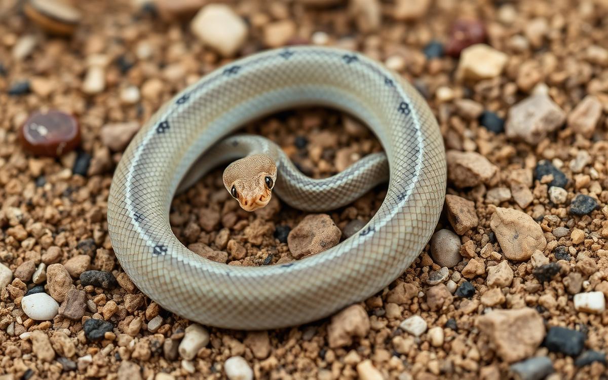 Photograph of a small, thick-bodied patterned viper coiled defensively in sand