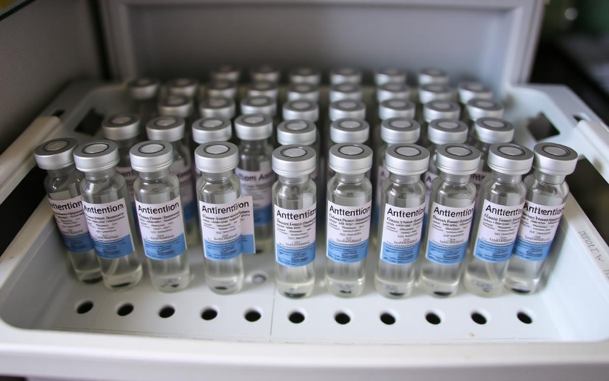 Vials of medical antivenom being prepared in a clinical setting