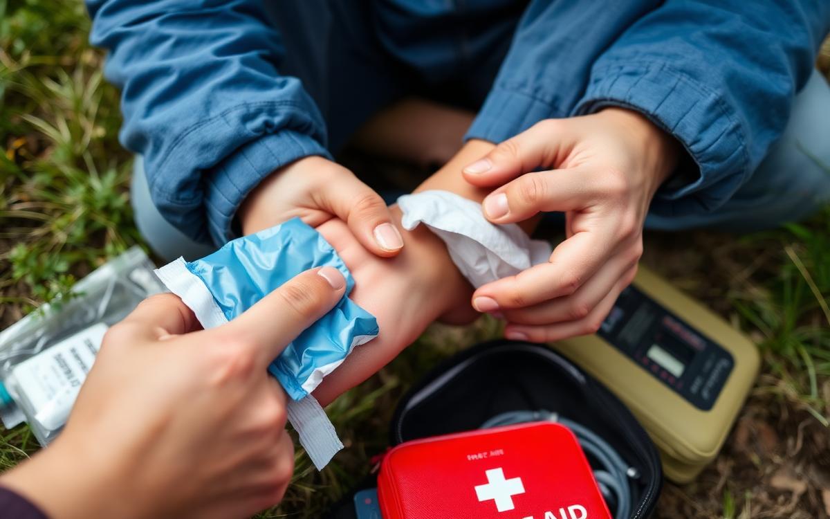 First aid kit and supplies laid out on a table