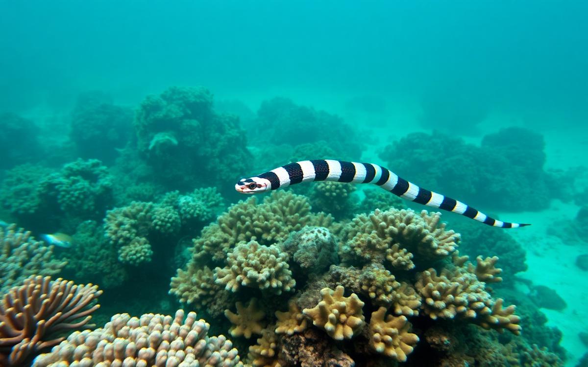 Marine reptile swimming through clear tropical ocean water