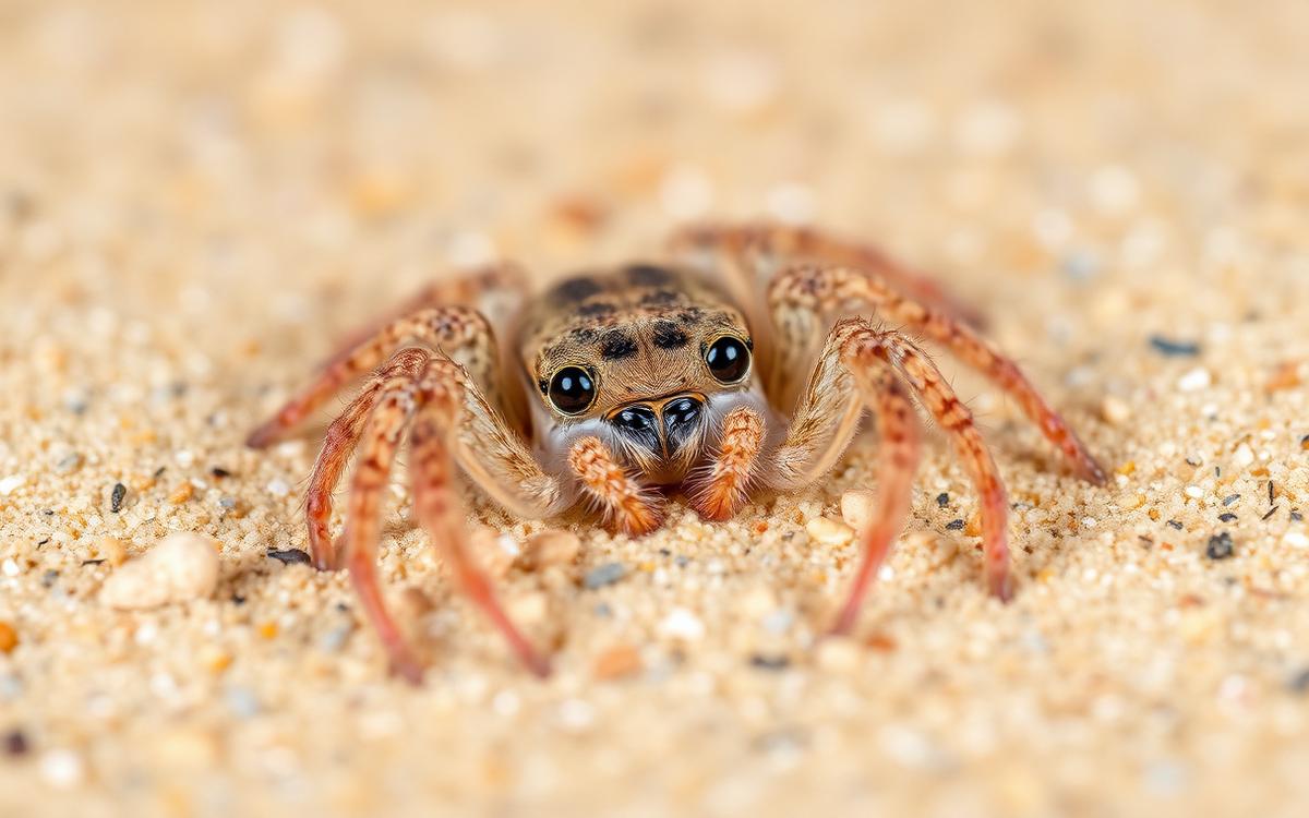 Macro photograph of a pale, sand-colored spider partially camouflaged against grainy soil