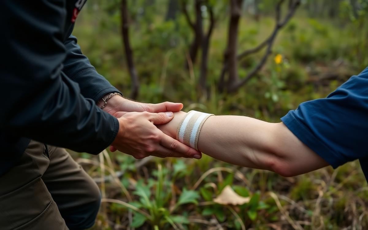 First responder applying a pressure immobilisation bandage to a person's forearm outdoors