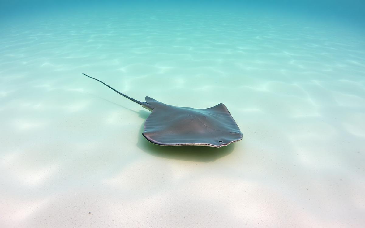 Flat, wide marine ray partially buried in sandy seafloor
