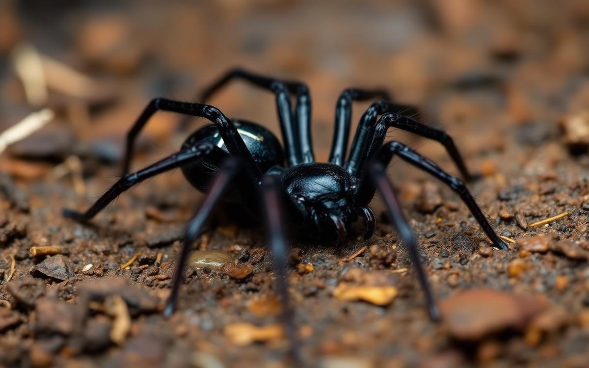 Macro photograph of a large dark spider with glossy carapace and prominent fangs