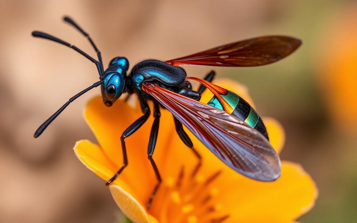 Macro photograph of a large orange-winged wasp on a leaf