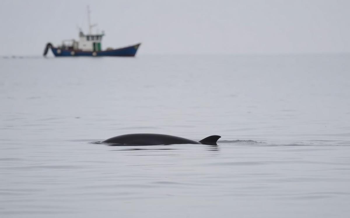 A small porpoise surfacing in calm grey sea with a fishing vessel in the distance