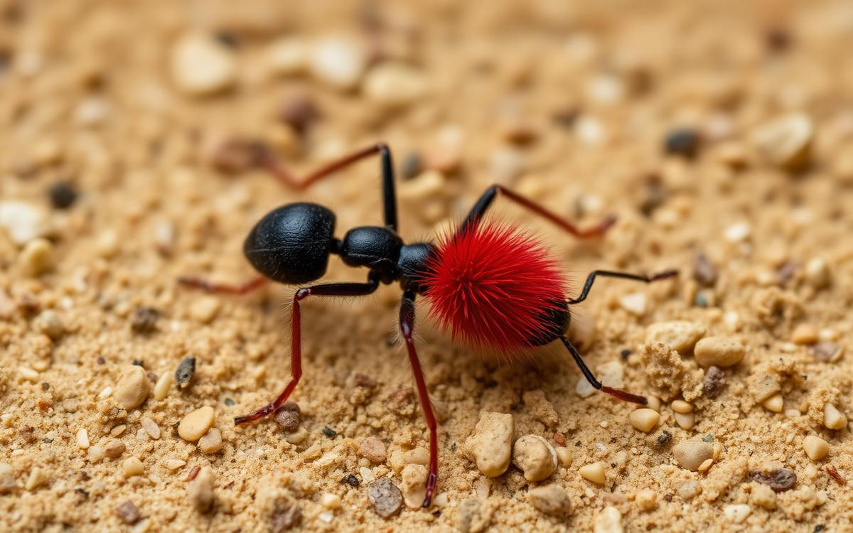 Close-up of a fuzzy red and black wingless ant-like insect on soil