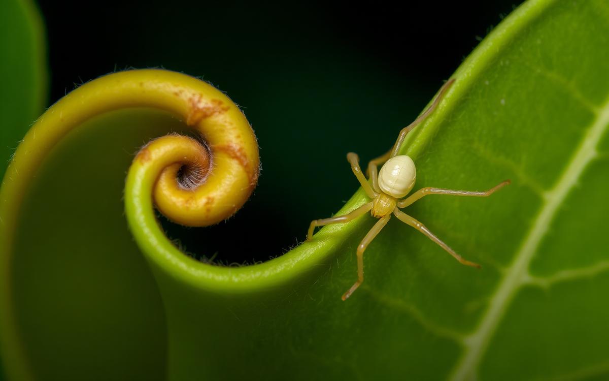 Macro photograph of a small pale yellow spider on a leaf