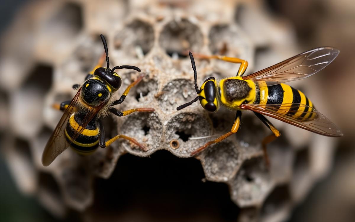 Close-up of a black and yellow wasp resting on a paper-like nest